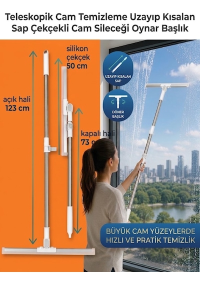 Teleskopik Cam Sileceği 123 Cm Uzayan Sap 50 Cm Silikon Çekçek Oynar Başlıklı Fayans Cam Temizleme Aparatı Beyaz
