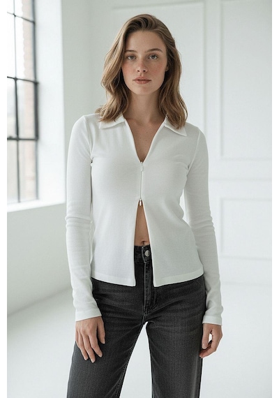 Beyaz Polo Yaka Çift Fermuarlı Slim Fit Kadın Body Mg2652 Beyaz