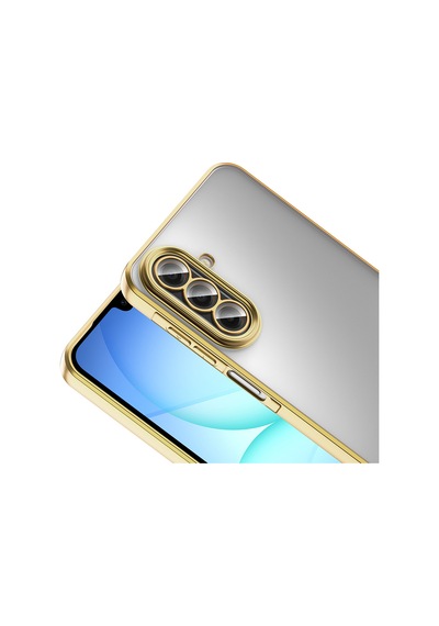 Samsung Uyumlu Galaxy A17 Kılıf Logo Gösteren Parlak Kenarlı Kamera Lens Korumalı Şeffaf Omega Silikon Kapak Gold