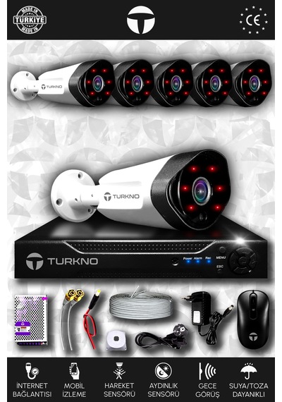 Turkno 6 Kameralı Galia 6 Dış Kamera Set HDD'siz Full HD Gece Görüşlü Güvenlik Kamerası Sistemi