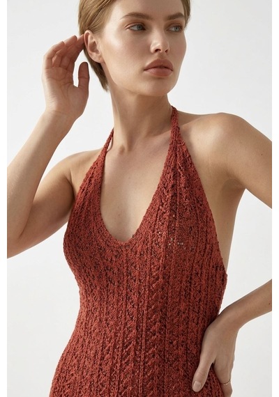 Neden Tekstil Beachwear Boyundan Bağlamalı Ajurlu Triko Plaj Elbisesi - Kırmızı