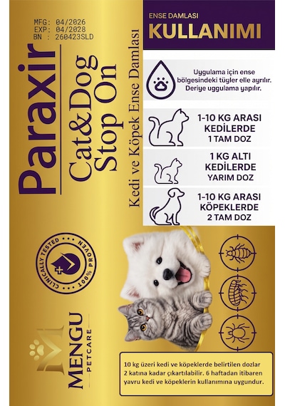 Mengu Petcare Paraxir Kedi Ve Köpek Damlası Pire Dış Parazit Bit Kene Deri Bakımı Için Bitkisel Damla 1-10 Kg 4 Tüp X 1 Ml