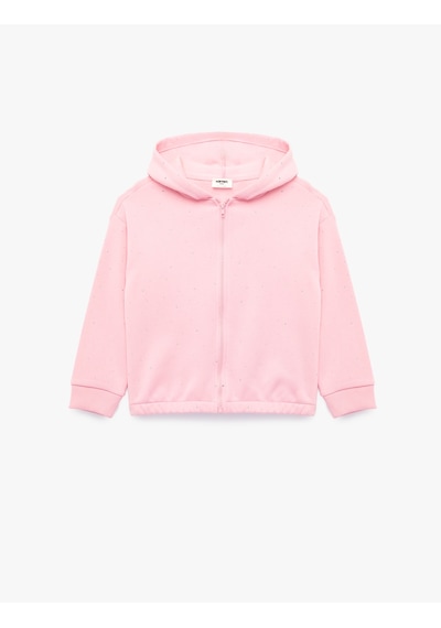 Koton Taş Detaylı Uzun Kollu Fermuarlı Şardonlu Kapşonlu Sweatshirt Pembe 7wkg10231ak Gül