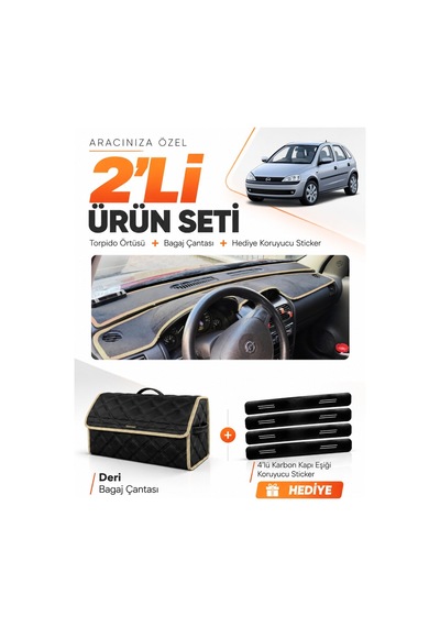 E-biz Opel Corsa C 2001-2011 Uyumlu Torpido Örtüsü + Deri Bagaj Çantası Seti - Siyah-bej - Op007