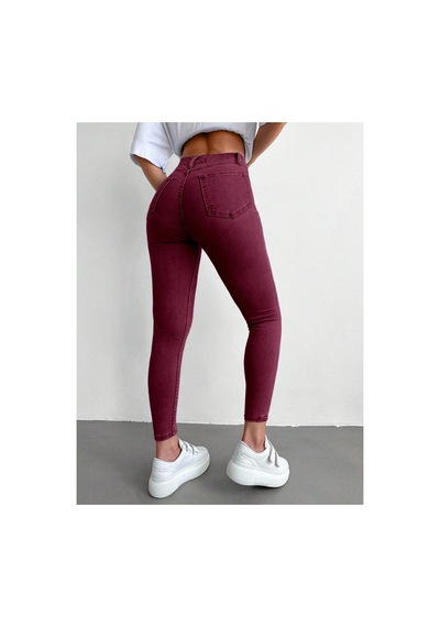 Kene Jeans Yüksek Bel Bordo Keten Dar Paça Pantolon Bordo