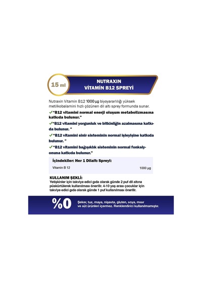 Vitamin B12 Sprey 1000 Μg Metilkobalamin, Yüksek Emilim, Vegan Uyumlu, Ağız Yoluyla Takviye Edici Gıda, 15 Ml 3 Paketi