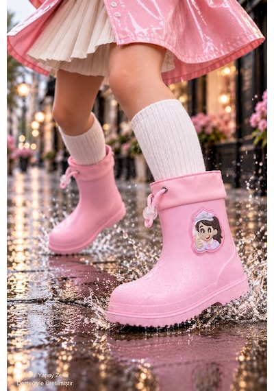 Muggo Kitty İçi Kürklü Lastikli Unisex Çocuk Günlük Yağmur Ve Kar Çizmesi Pudra