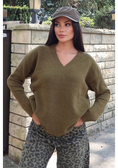 Kechi Woman V Yaka Oversize Triko Kazak Yeşil