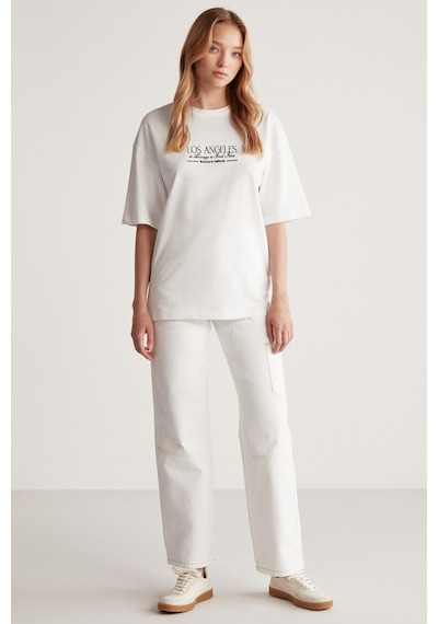 Grımelange Janna Kadın Şehir Temalı Ön Ve Arka Baskı Detaylı Oversize Fit Bisiklet Yaka Beyaz / Yeşil T-shirt