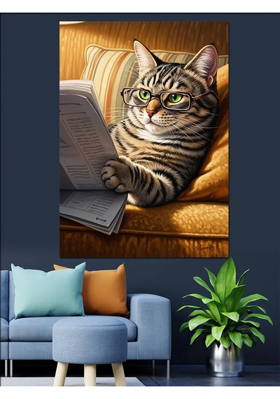 Ahşap Tablo Bıyıklı Kedi Portresi Müzik