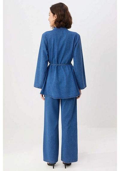 Benerly Kadın Büyük Beden Düğmeli Gömlek Kesim Denim Tunik Uzun Kol Stand Mavi