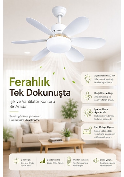 Waldern 6 Kanatlı, Işıklı Sessiz Çalışma Tavan Tip Vantilatör