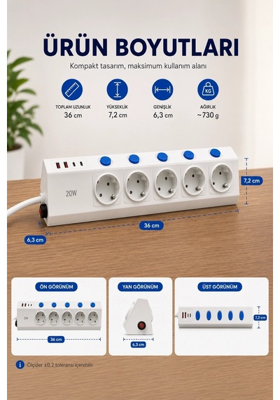 5 Li Akım Korumalı Çoklu Priz 2 Metre Kablolu 3680w 16a 5 Anahtarlı 2usb-a 2 Usb-c Pd 20w Hızlı Ftr-28 Diğer