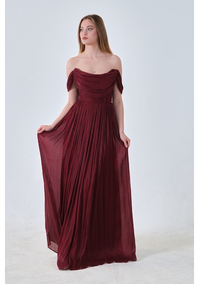 Feminist Bordo Drape Yaka Detaylı Şifon Straplez Abiye 08011861