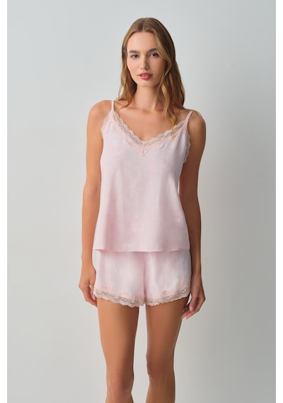 Suwen Floral Dantelli İnce Askılı Pijama Üstü Wsh11110064077 Pembe