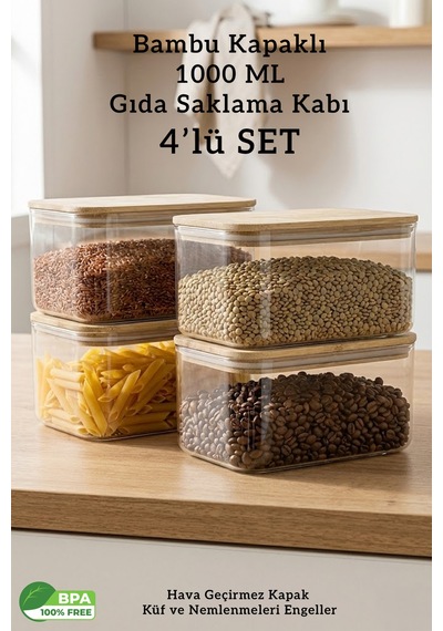 Bambu Kapaklı Dikdörtgen 4 Lü Hava Geçirmez Gıda Saklama Kabı Seti 1 Litre Contalı Erzak Kabı Şeffaf