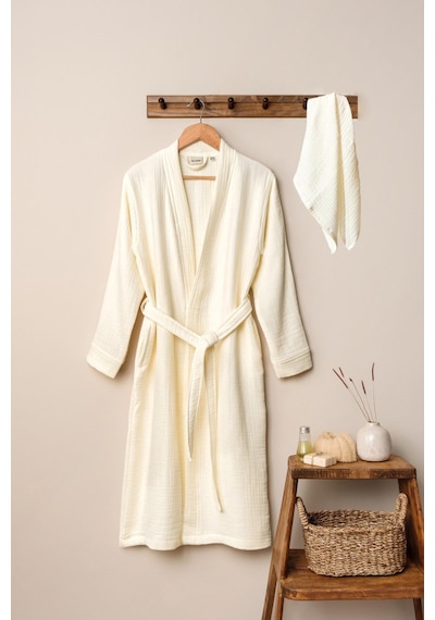 Unisex Kimono Müslin Bornoz-havlu Seti - Ekru
