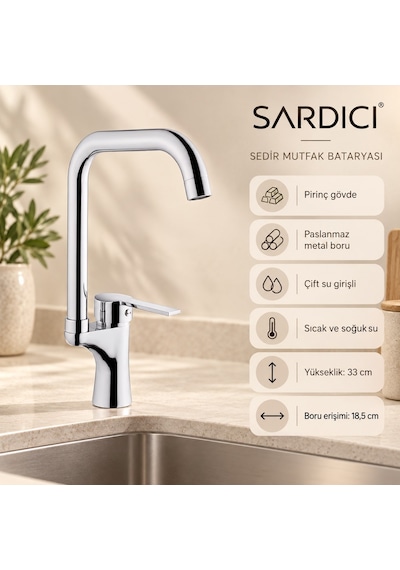 Sardıcı Sedir Mutfak Evye Bataryası Krom Pirinç Gövde Çift Su Girişli Tam Takım