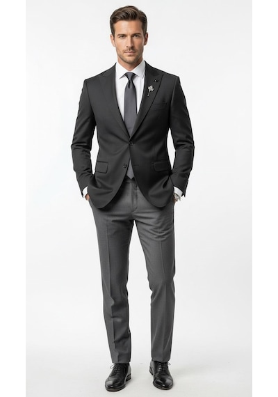 Plus Scorpion Erkek Blazer Ceket Twill Puntolu Kırlangıç Yaka 2 Düğmeli Çift Yırtmaçlı Slim Fit Siyah