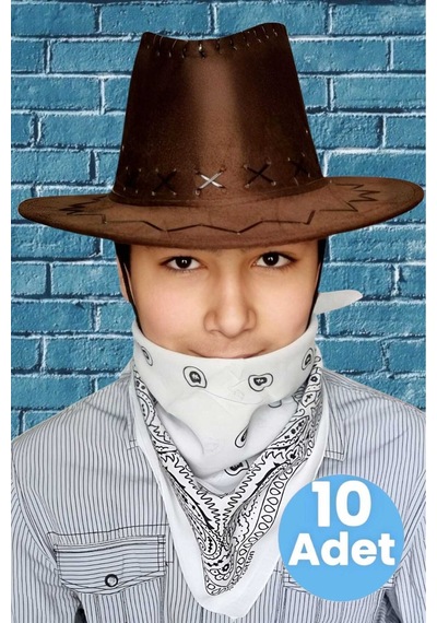 Uniquetrenders Çocuk Unisex Bandanalı 10'lu Nubuk Kovboy Şapkası 8-14 Yaş Kahverengi 1