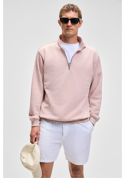 Grımelange NESTOR Erkek Relaxed Fit Dik Yakalı Yarım Fermuarlı Uzun Kollu Pembe Melanj Sweatshirt