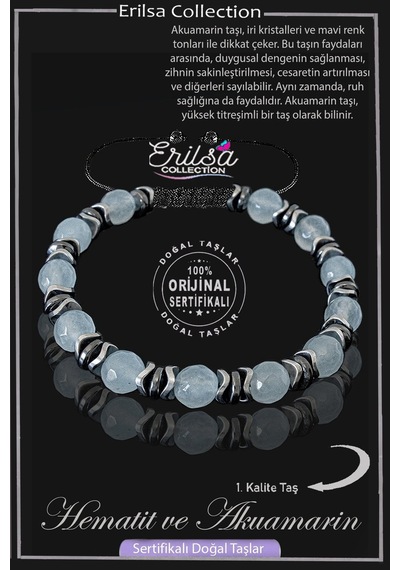 Sertifikalı Gerçek Fasetli Hematit - Akuamarin Taşı Bileklik Çok Renkli