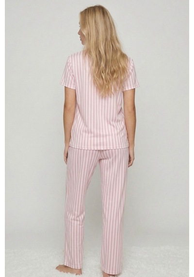 Siyah İnci İnce Soft Örme Mevsimlik Pijama Takımı 8003 Pembe Beyaz Çizgi