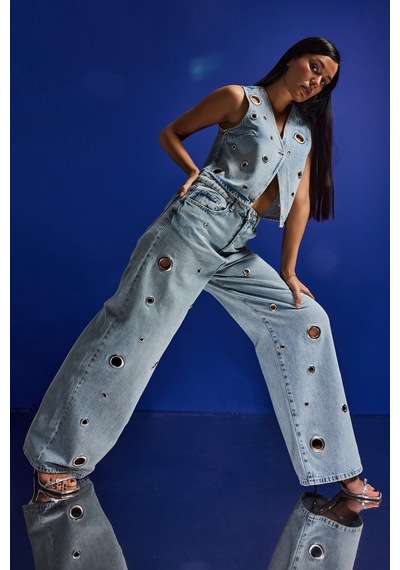 Itsbasic Kadın Ice 4s6-65 Baggy Fit Kuş Gözü Detaylı Özel Tasarım Denim Jean Buz Mavi