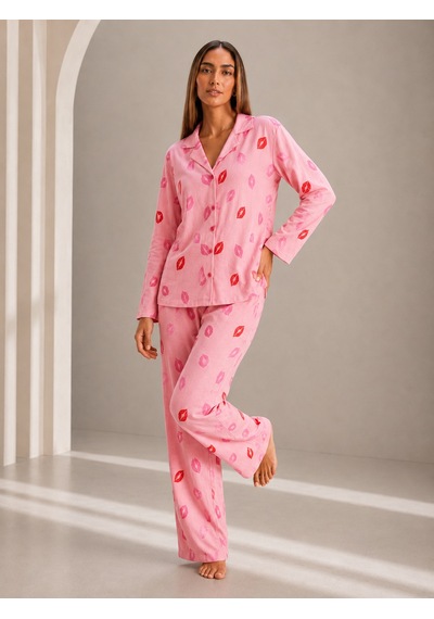 Fit Women Kadın Önden Düğmeli Uzun Kollu Pembe Pijama Takımı