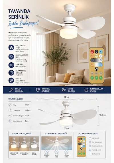 Kumandalı Tavan Vantilatörü 40w E27 Duylu Led Işıklı Sessiz Tavan Fanı 3 Kademeli Ayarlanabilir Hız