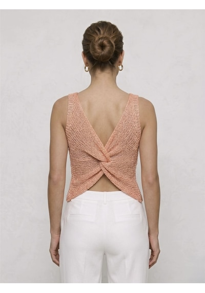 Neden Tekstil Twist Knot Detaylı Premium Kadın Triko Bluz V Yaka Örgü Dokulu Şık Crop Tasarım - Somon