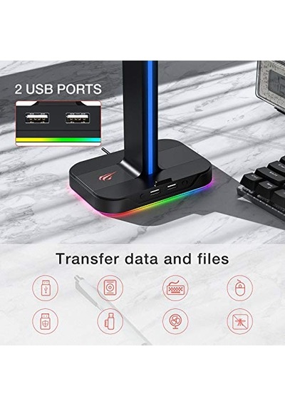 Havit Çift Kulaklık Askısı, 2 Usb Bağlantı Noktası, Rgb Kulaklık Tutucu, Oyuncular İçin, Pc İçin, Siyah Th650
