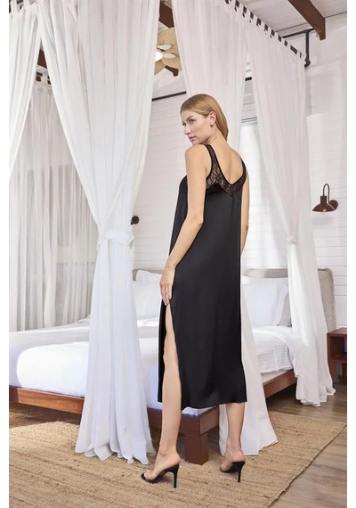 Ang Butik Kadın %100 Viskon Dantelli Ve Dekolteli Saten Sabahlık Takımı Siyah