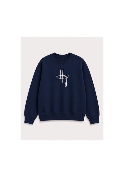 Herkesemoda Hey Yazı Baskı Detaylı Şardonlu 2 İplik Bisiklet Yaka Sweatshirt Lacivert