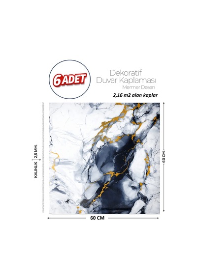 60x60 Cm Kendinden Yapışkanlı Duvar,banyo,tezgah Arası Mavi-siyah Mermer-6 Adet 1123-60-6