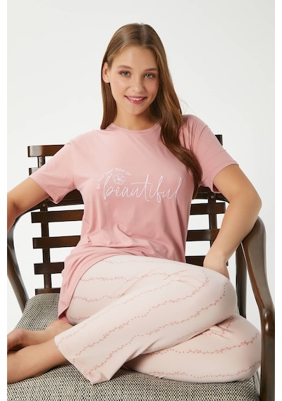 Ritnice Kadın Beautiful Yumuşak Doku Pudra Bisiklet Yaka Kısa Kollu Alt Üst Pijama Takımı Pudra