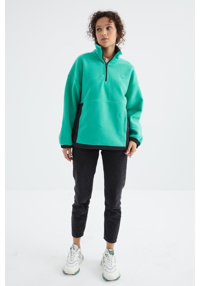 Tommy Life Deniz Yeşili Yarım Fermuar Etek Ucu Büzgülü Dik Yaka Oversize Kadın Polar Sweatshirt - 97236 Yeşil