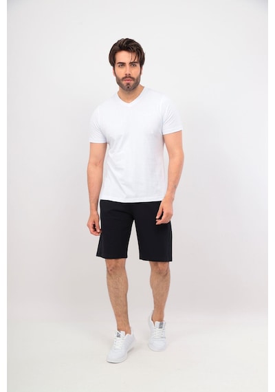 Erkek V Yaka Tshirt Şort Cep Fermuarlı Alt Üst Takım Beyaz Lacivert