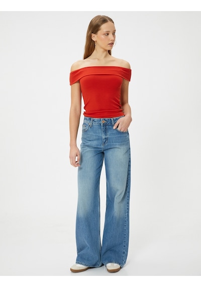 Koton Madonna Yaka Tişört Açık Omuz Slim Fit Kırmızı 4sal30206ık Kırmızı