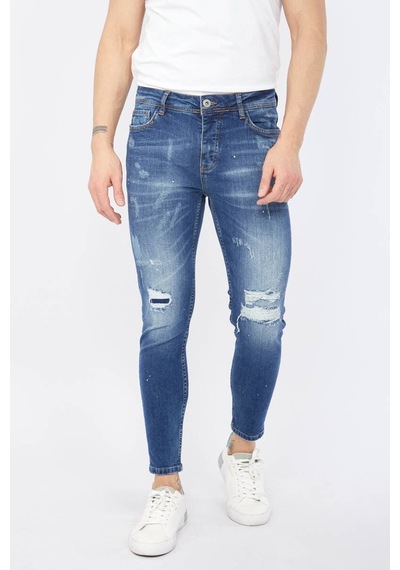 Blue White Erkek Skinny Fit Yırtık Detaylı Jean Koyu Mavi 26