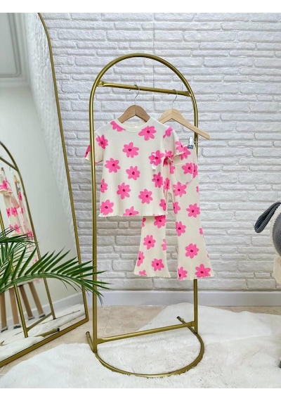 Kız Çocuk Pembe Çiçek Desenli Fitilli Kumaş T-shirt Tayt İspanyol Alt Üst Takım Pembe