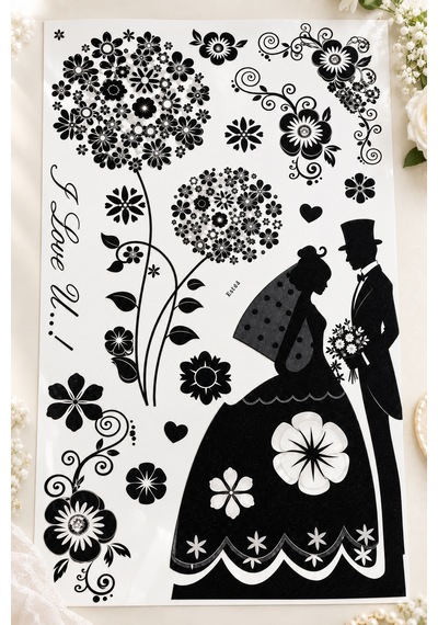 3d Simli Gelin Damat Duvar Stickerı 32x50 Cm Siyah Beyaz Çiçekli Düğün Nişan Duvar Dekorasyonu Renkli