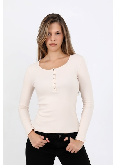 Hdm Kadın Fildişi Uzun Kollu Fitilli Patlı Düğmeli Basic Örme Bluz - H6162 Ekru