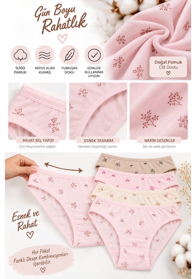 Westicgiyim Kadın Çiçekli Likralı Bikini Külot 4'lü Paket %100 Pamuk Yumuşak Rahat Asorti Desenli M L Xl çok Renkli