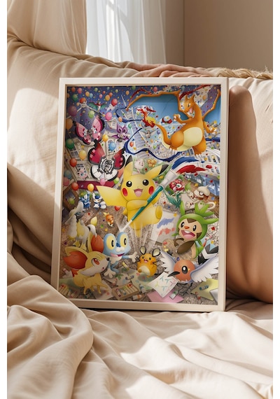 Pikachu Sanat Festivali Çerçeveli Tablo - Lüks Çok Renkli Pokemon Anime Çocuk Odası Duvar Dekoru Beyaz