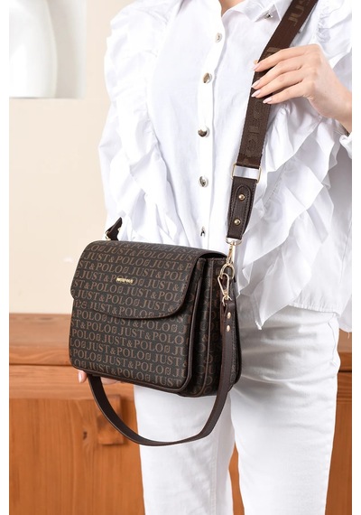 Just Polo Kadın Orijinal Baskılı Büyük Boy Şık El Ve Omuz Çantası Shoulder Bag Ebat: 29 X 25 Cm Kahverengi