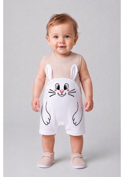 Babyden's Erkek Bebek Tavşan Desenli Yazlık Tulum Fitilli Pamuklu Kolsuz Bebek Tulumu Çıtçıtlı Romper 0-9 Ay Bej