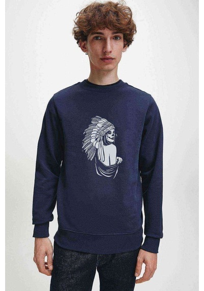 Skull Kızılderili Baskılı Indigo Mavi Lacivert Erkek Örme Sweat