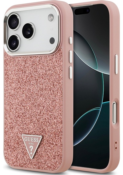 Apple Uyumlu iPhone 17 Pro  Kılıf Guess Lisanslı M-safeli Metal Kamera Çerçeveli Üçgen Logolu Glitter Pembe Pembe