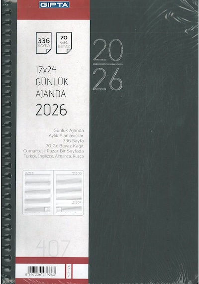 Gıpta 2026 Ajanda Günlük Spiralli 17x24 407 Siyah Hafta Sonları Birleşik Siyah